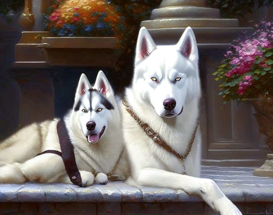 Siberian Huskies with Blue Eyes Resting Among Blooming Flowers