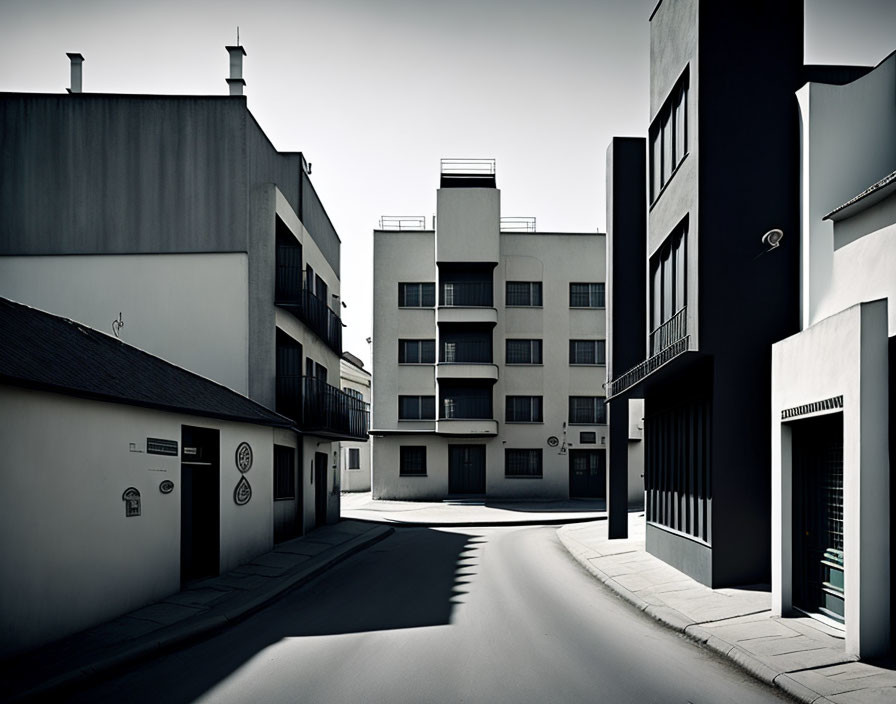 Desolate urban street with modern buildings in shadow