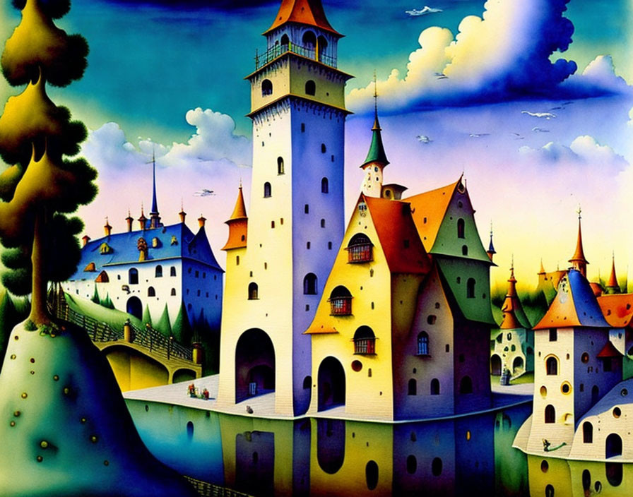 Fantastical castle painting with turrets and bridges under blue sky