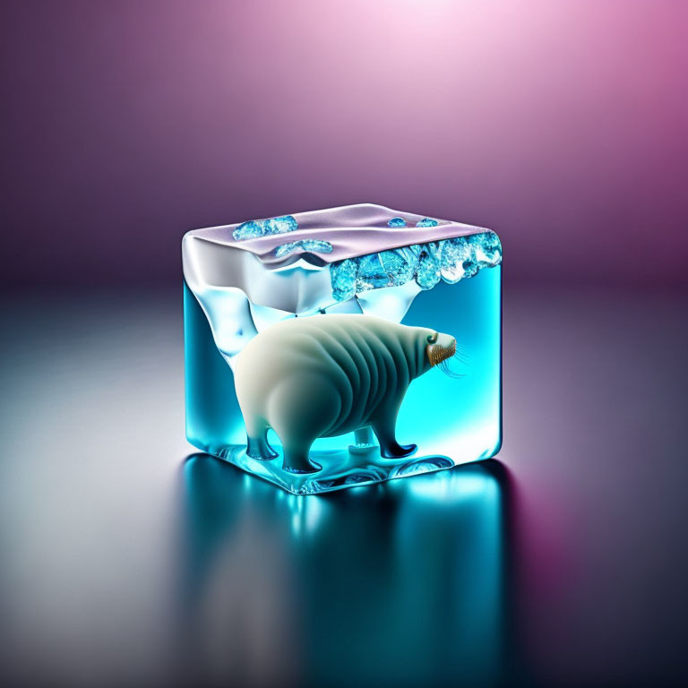 Polar Bear Figurine Encased in Ice Cube on Gradient Background