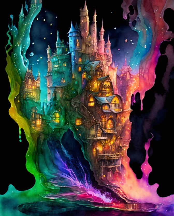 Colorful Watercolor Illustration of Fantastical Castle on Dark Background