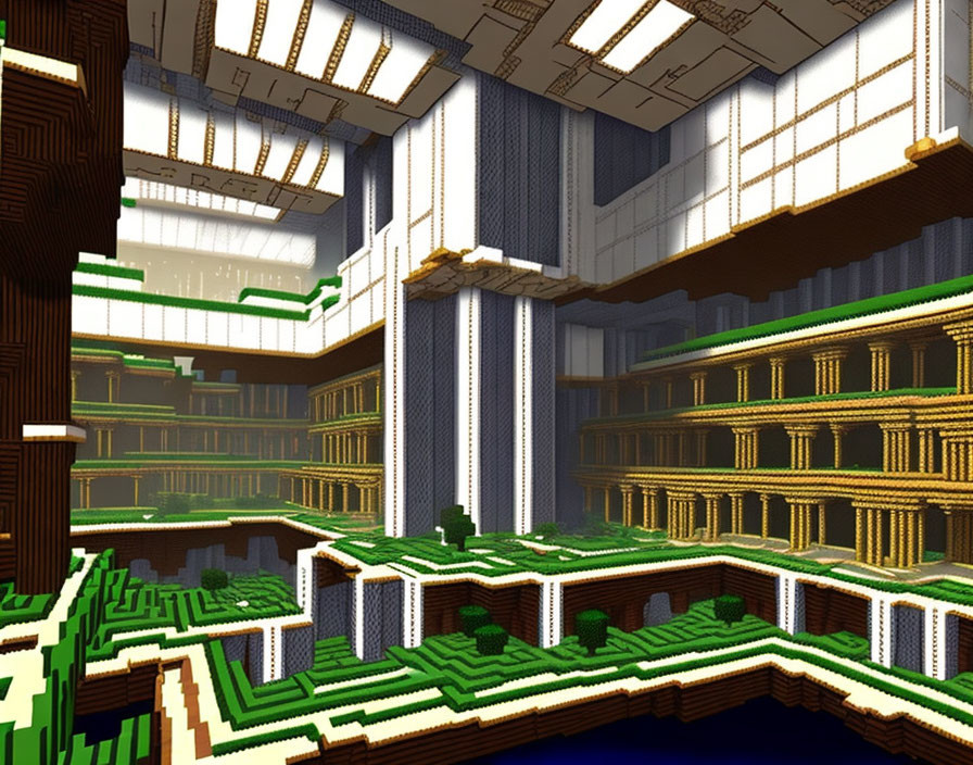 Minecraft library with towering bookshelves and lush surroundings