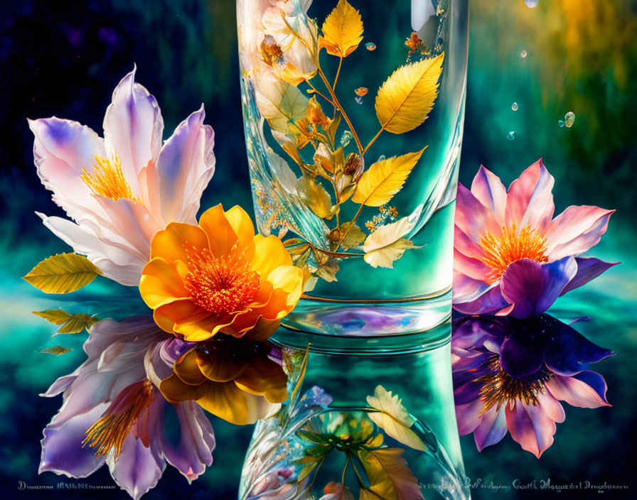 Vibrant flowers in glass underwater with reflections and bubbles