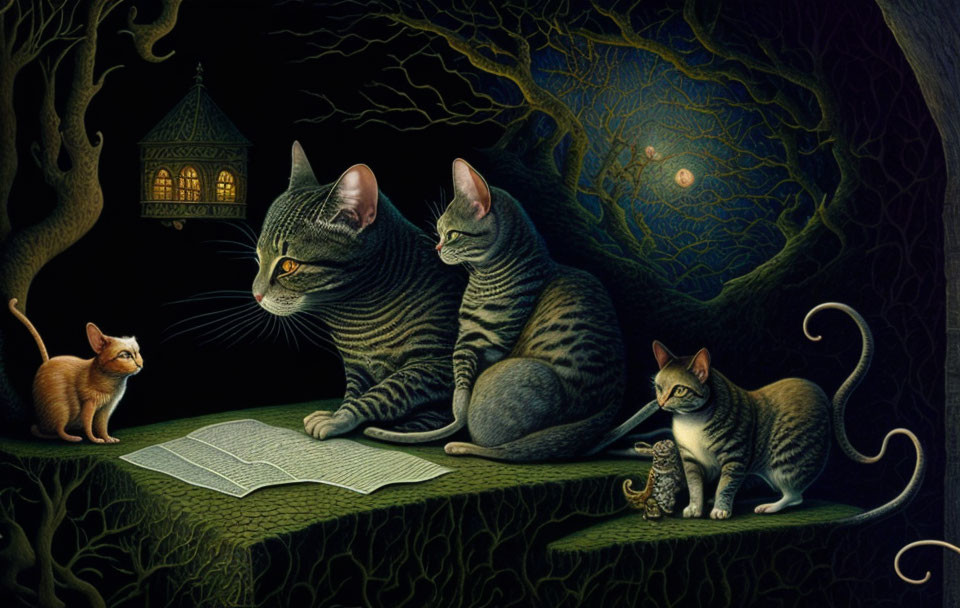 Striped Cats and Kitten by Open Book in Moonlit Night