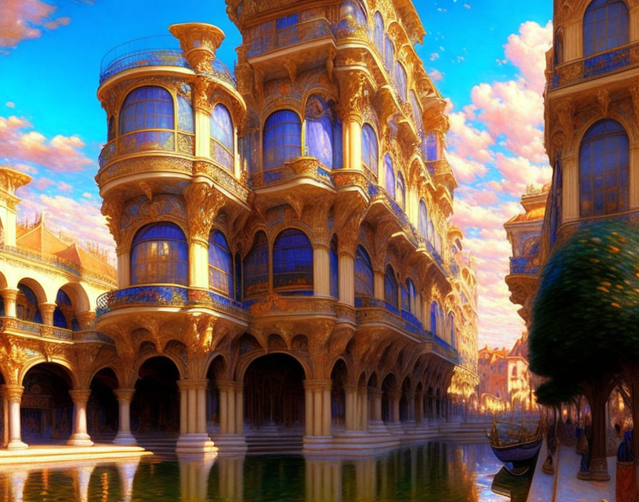 Baroque-style palatial building in golden hues reflecting on water at sunset