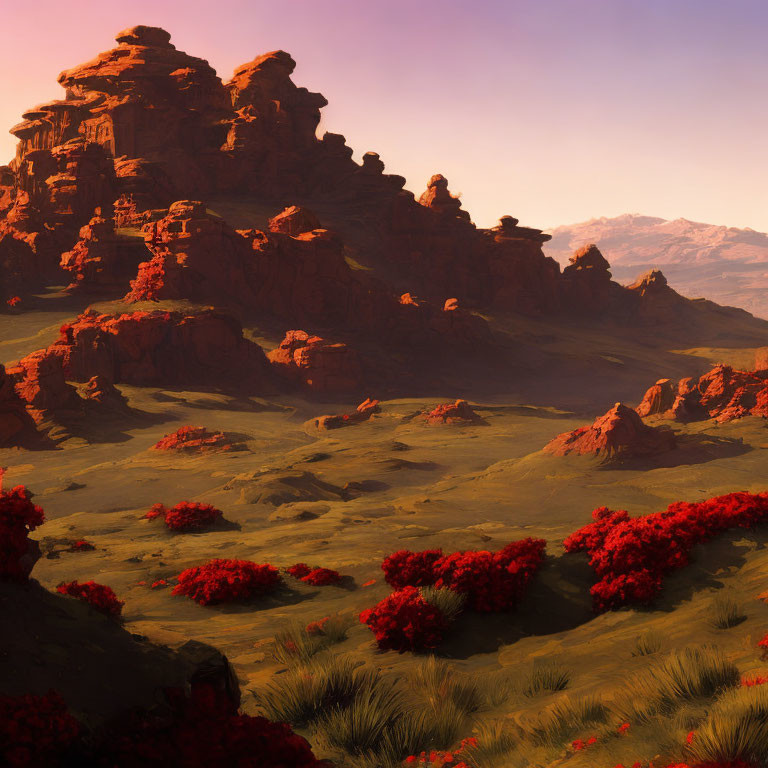 Majestic desert landscape: towering red rock formations at sunset