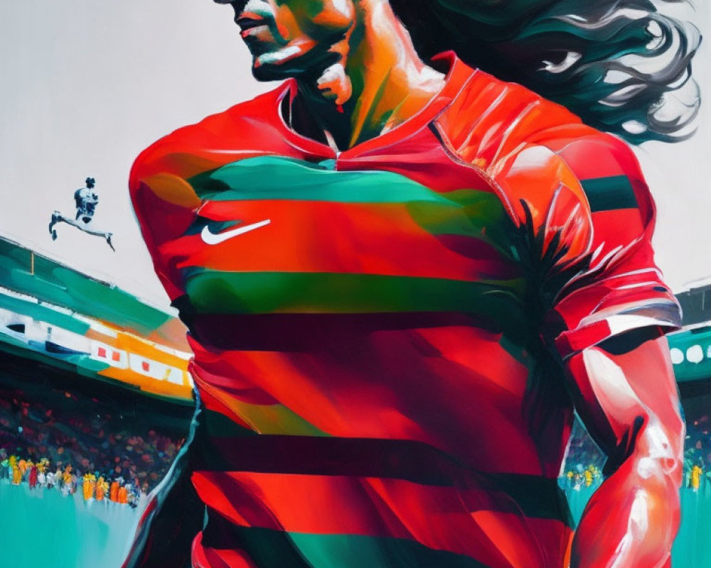 Male soccer player in red striped kit painting: dynamic motion and flowing hair