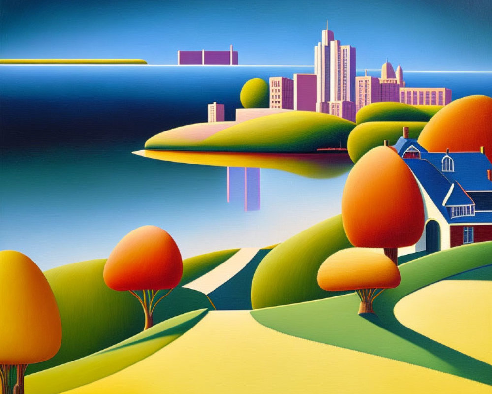 Stylized painting of serene landscape with rolling hills, trees, path, and city skyline under blue