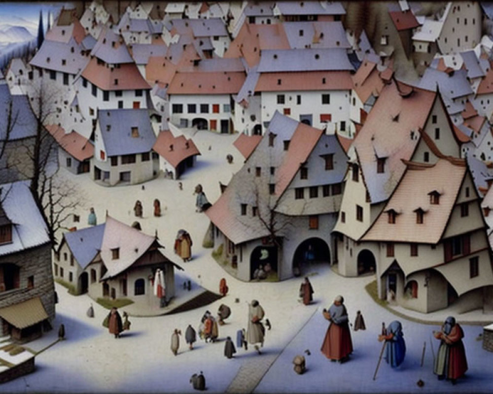 Detailed illustration: Medieval village with taupe-roofed buildings & townsfolk in wintry mountain setting