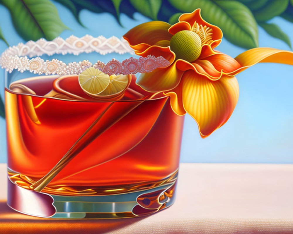 Hyperrealistic Painting of Cocktail with Lime Slice, Skewer, and Orange Flower on Blue Background