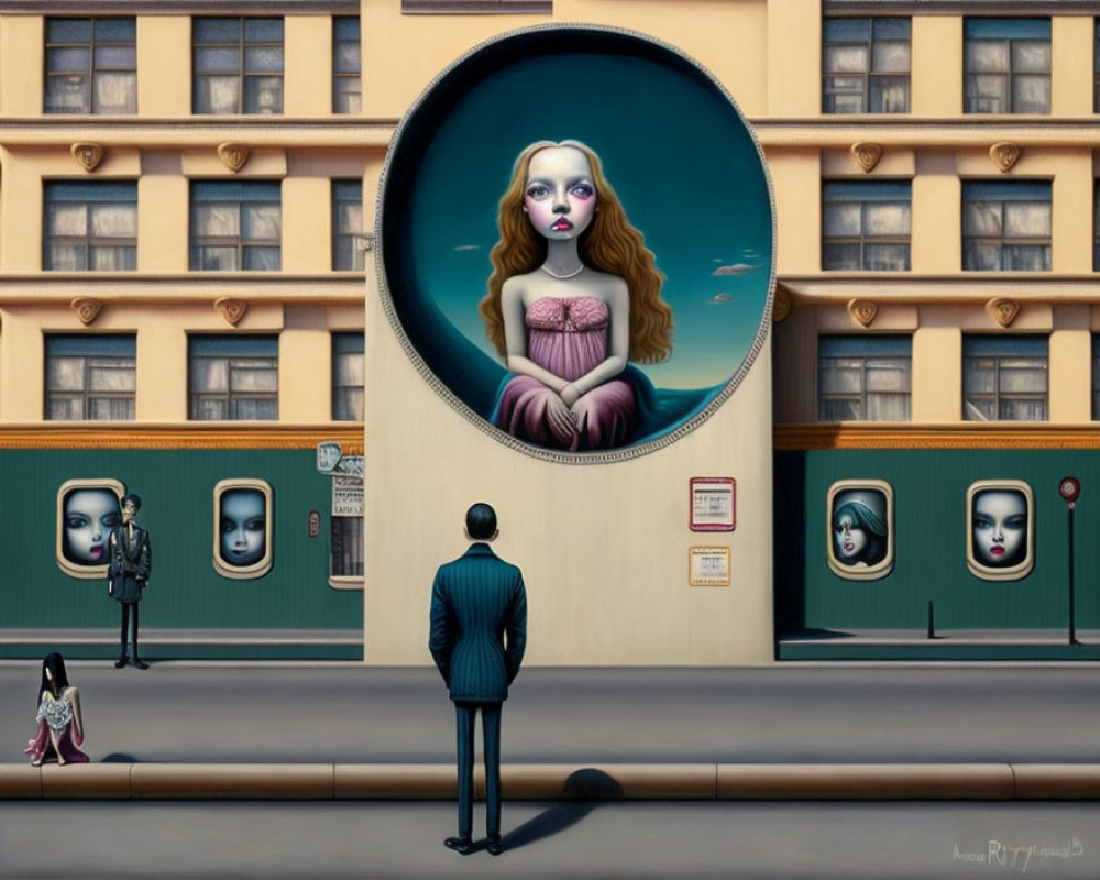 Surreal painting featuring giant female face, framed observers, and man in bowler hat