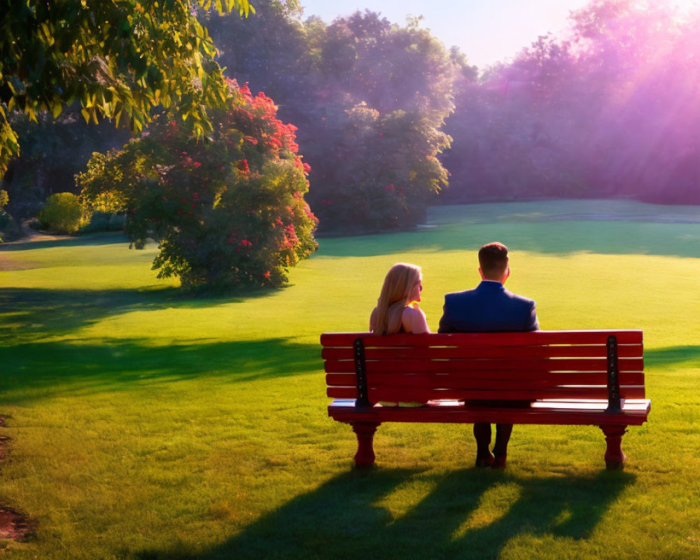 Sunset scene: Two people on red bench in park with green surroundings