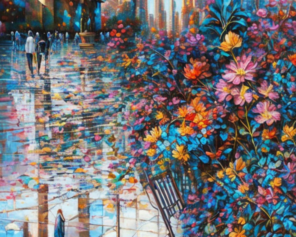 Colorful cityscape painting with reflective surfaces, flowers, and figures under an ethereal sky