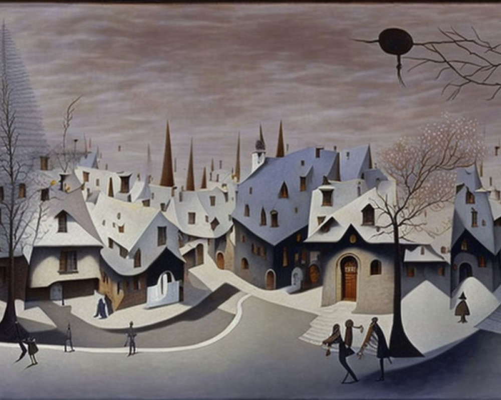 Surreal wintry village scene with pointy rooftops and floating eye-like object