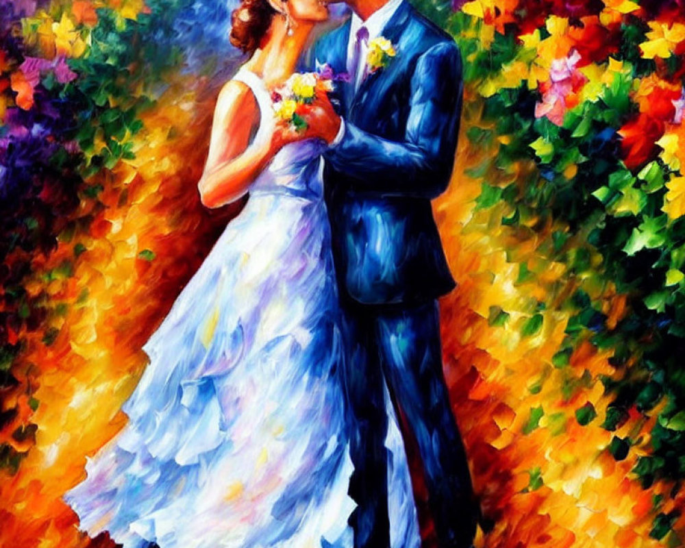 Colorful Wedding Kiss Painting Against Floral Backdrop