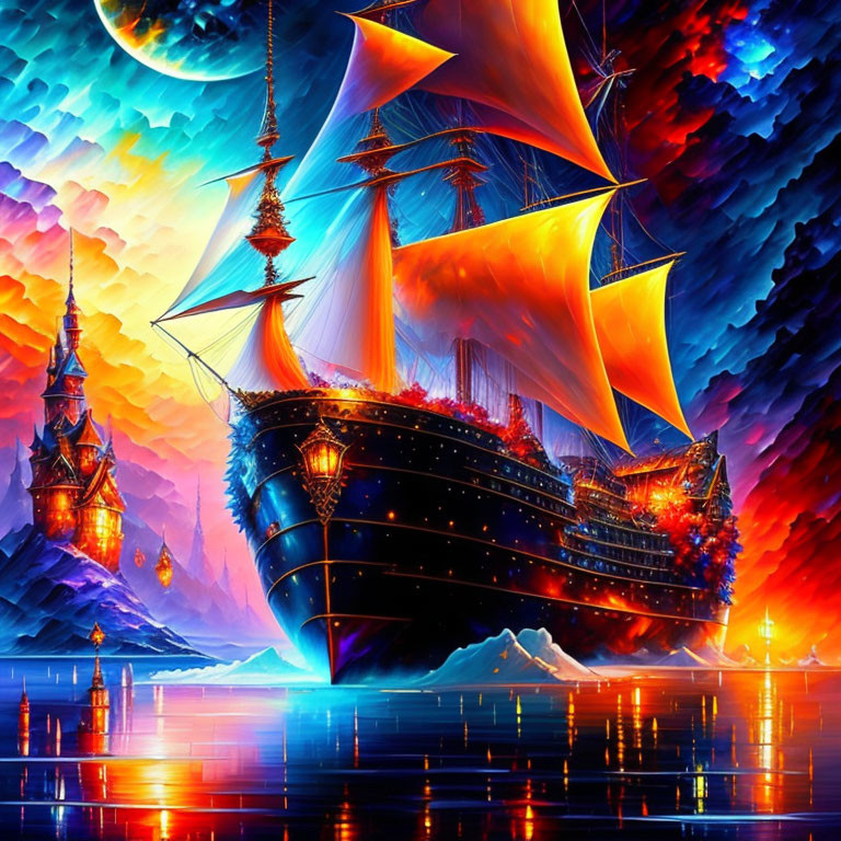 Colorful illustration: Grand ship with full sails on calm sea, surrounded by fantastical castles and