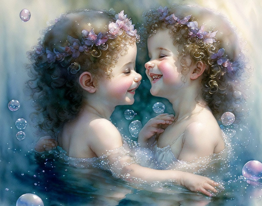 Two smiling young girls in floral crowns surrounded by bubbles in a magical setting