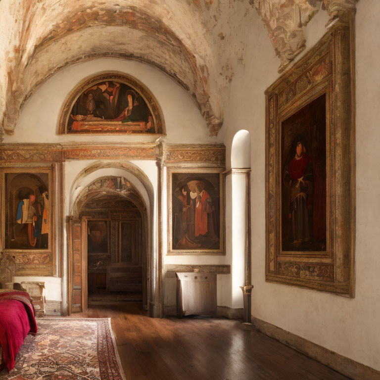 Elegant corridor with arched ceilings, ornate paintings, Persian carpet, and soft natural light.