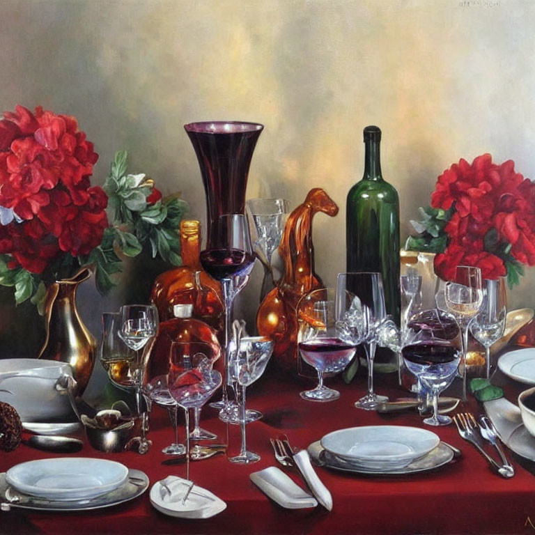 Elegant Dining Table Setting with Red Flowers and Glassware