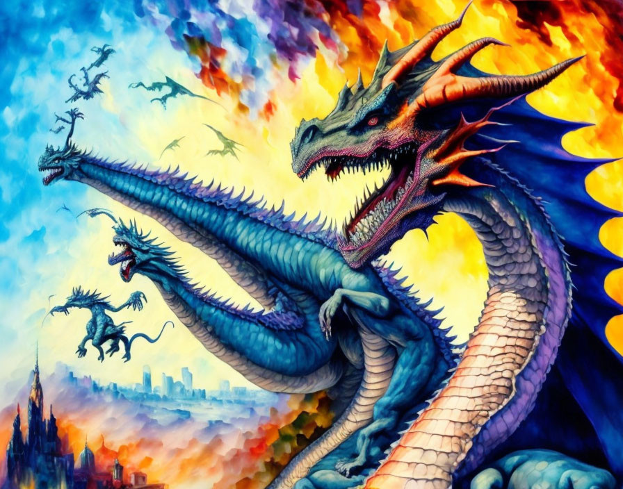 Vibrant fantasy artwork: Blue dragon roars amidst flames, with flying dragons and distant castle.