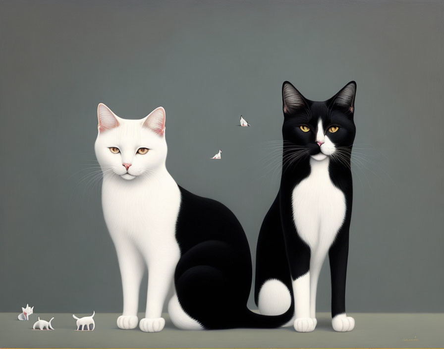 Stylized black and white cats with butterflies and miniatures