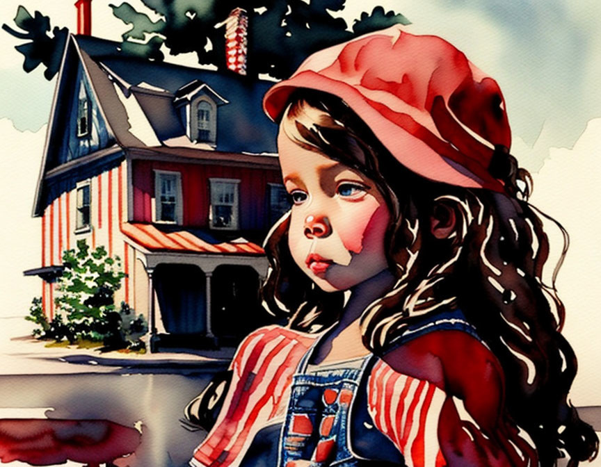 Young girl in red cap and striped outfit gazes beside quaint house and trees