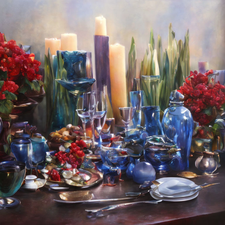 Candle, Glassware, Flowers, and Fruits Still Life Painting