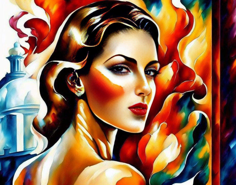 Colorful portrait of a woman with striking eyes in fiery and cool tones