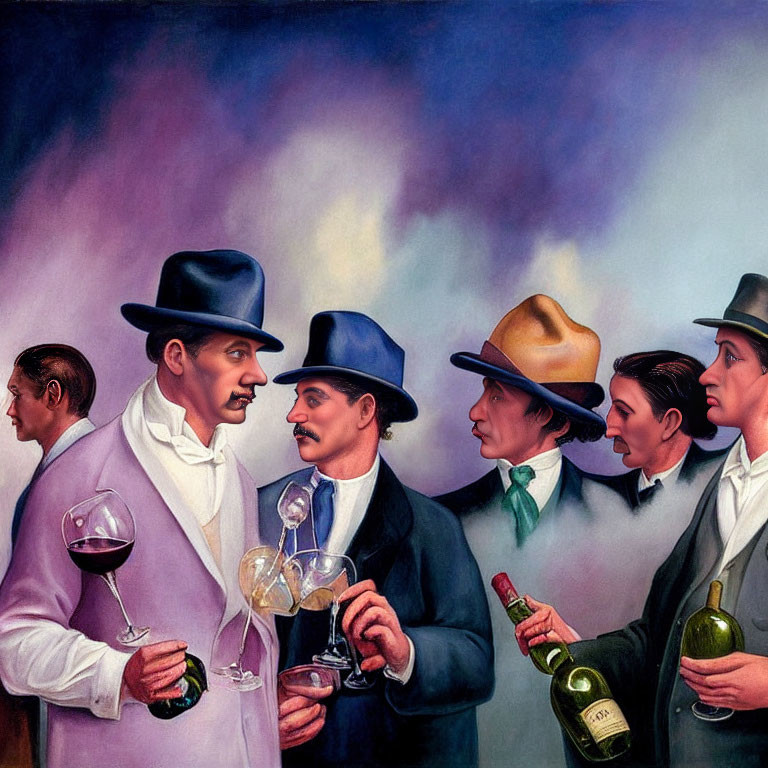 Vintage-dressed men socializing with wine in hand against colorful smoky backdrop