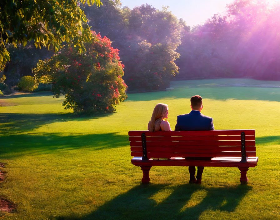 Sunset scene: Two people on red bench in park with green surroundings