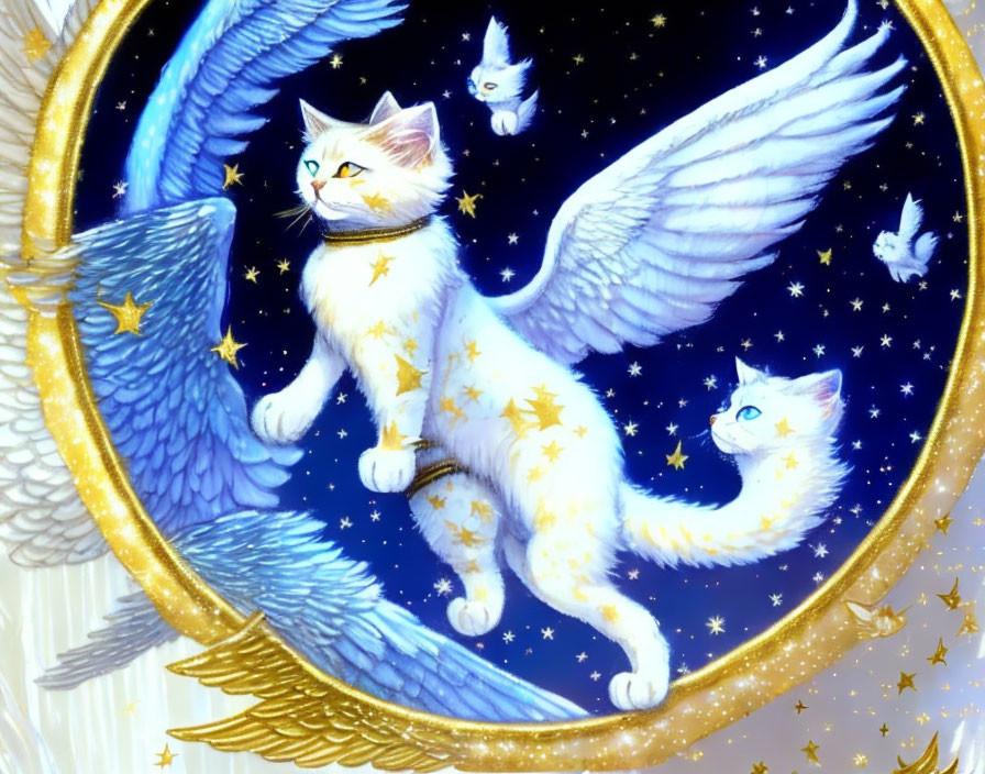 Winged cats with star patterns in golden oval frame