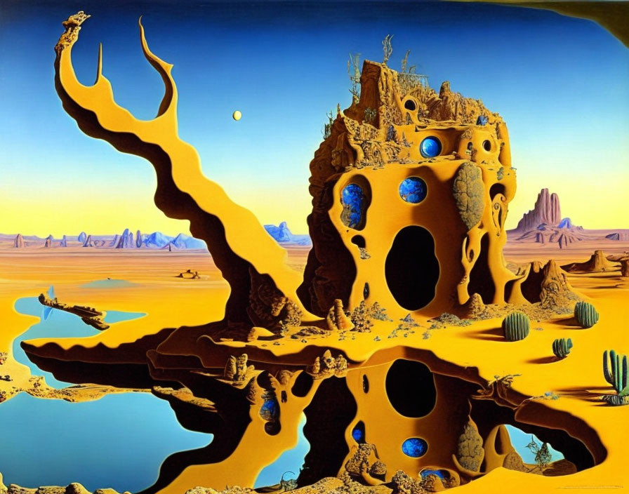 Detailed Swiss cheese-like rock formation in surreal desert landscape