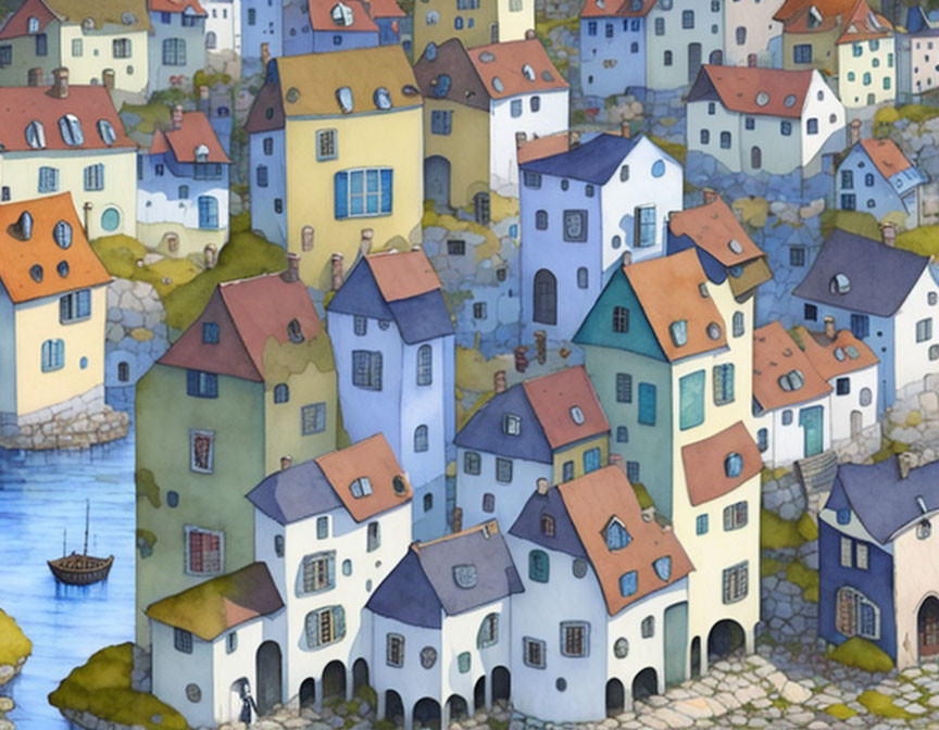 Vibrant village illustration with unique houses by the water