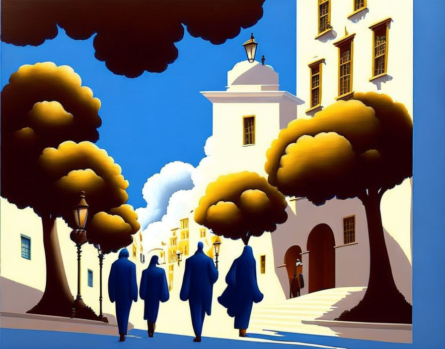 Four people walking towards white building with tower under deep blue sky and dark clouds.