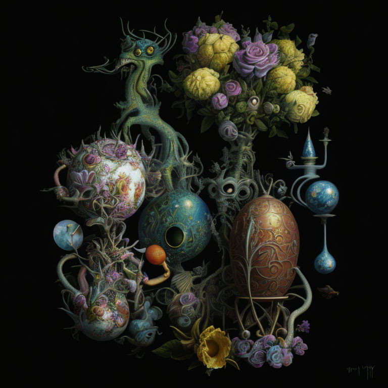 Surreal still life with ornate objects, floral elements, and serpentine creature