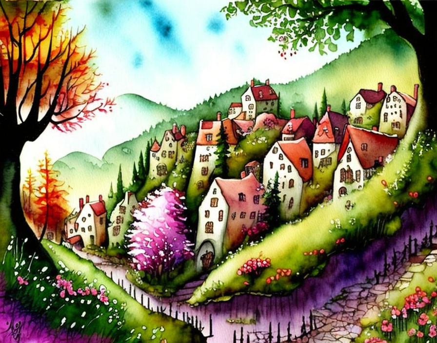 Vibrant Watercolor Painting of Whimsical Village Landscape