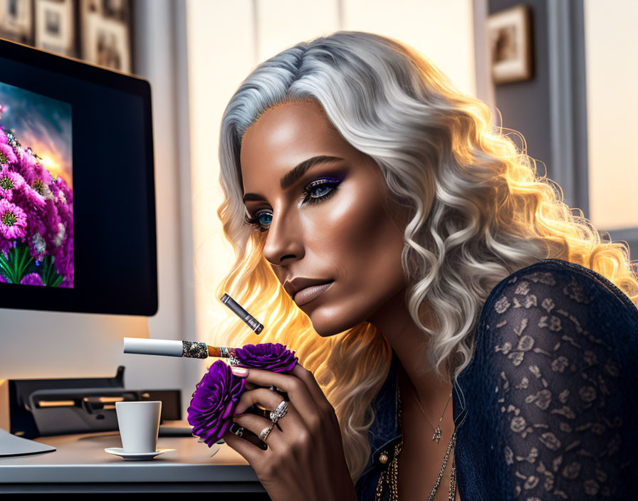 Digital artwork: Woman with white hair, pen, coffee cup, flowers on monitor.