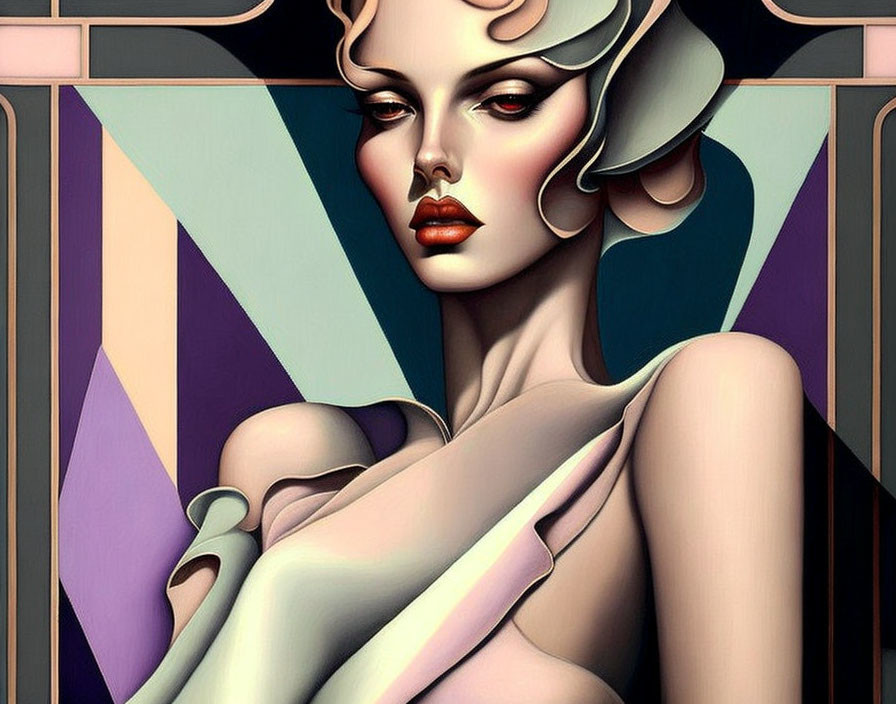 Stylized illustration of a woman with exaggerated features and Art Deco background