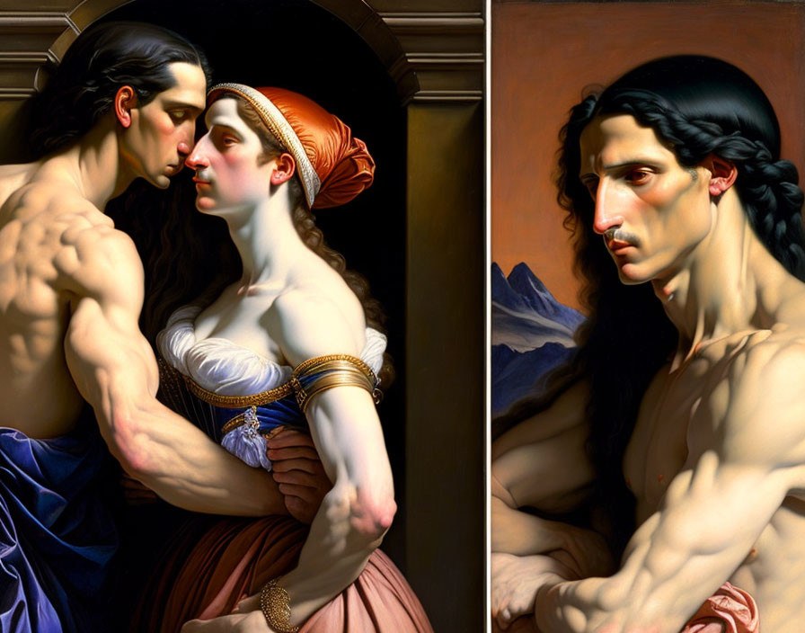 Classical-style paintings: man and woman in intimate pose, man's portrait with mountains.