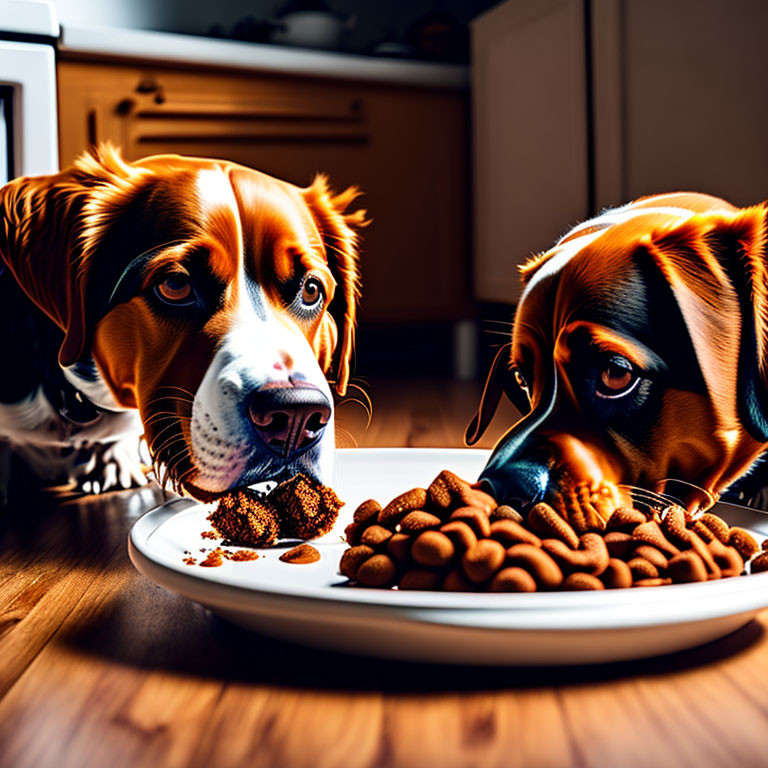 Two dogs examining plate of kibble indoors