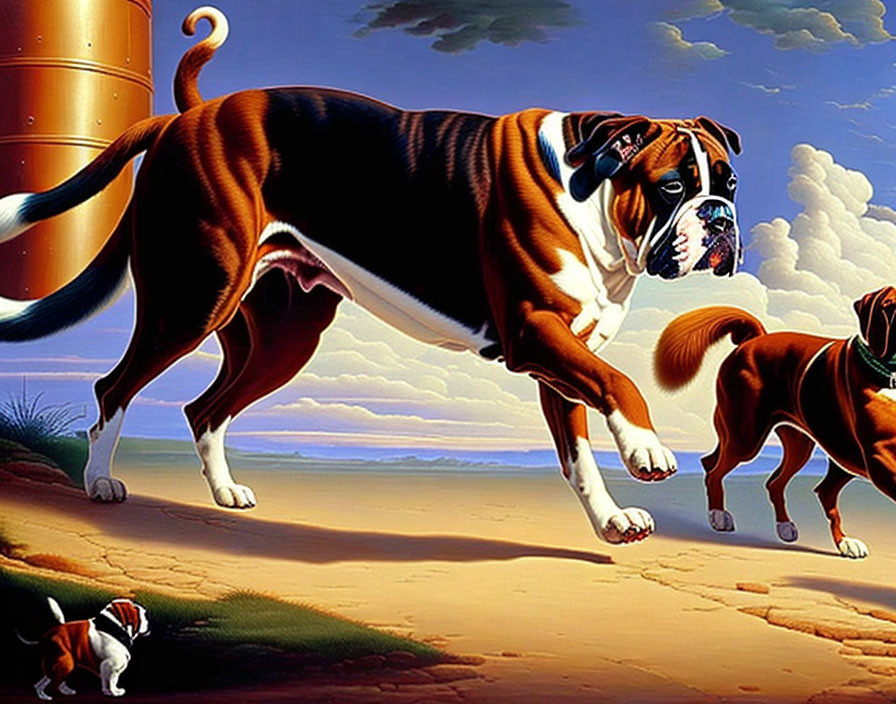 Enlarged dogs and lighthouse in surreal coastal sunset scene