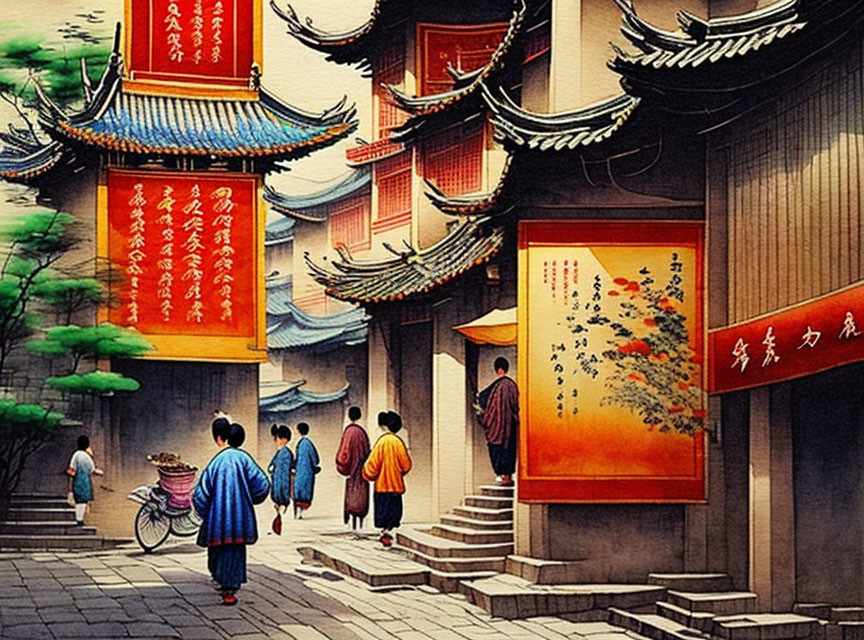 Vibrant Asian street scene with lanterns, classical architecture, and people walking