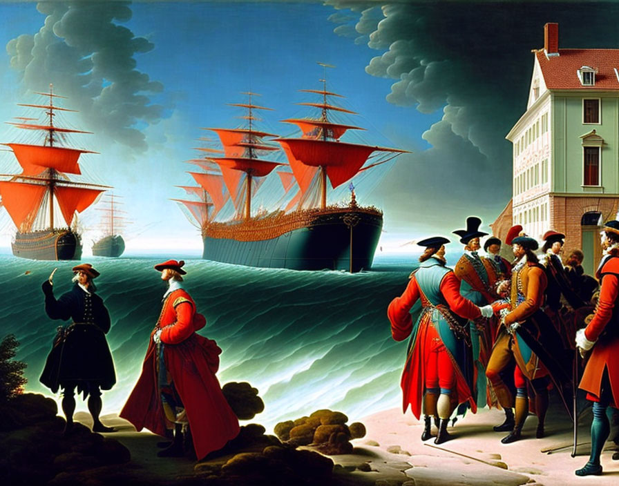 Historic painting of uniformed men onshore with sailing ships and dramatic sky