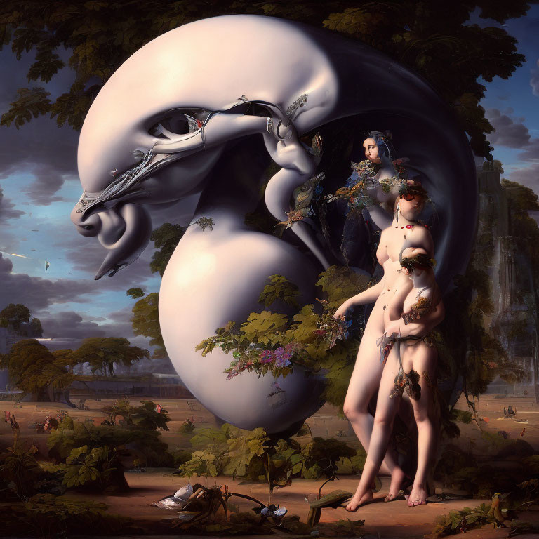 Surreal artwork: Metallic robot with human figures in classical landscape