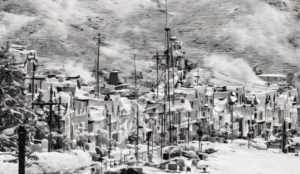 Monochrome snowy neighborhood scene with houses and utility poles on hilly street