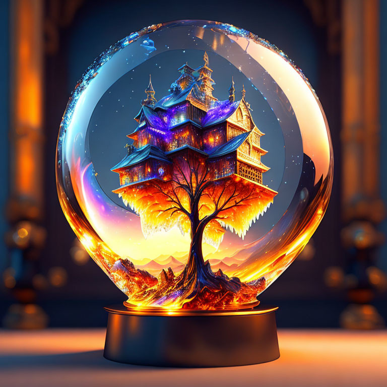 Colorful Snow Globe with Fantasy Tree and Treehouses in Dusk Setting