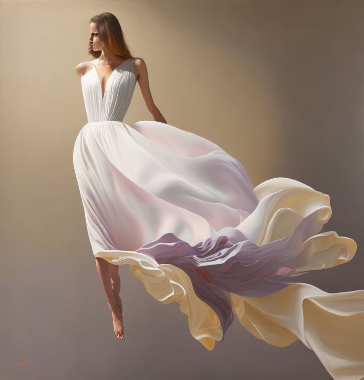 Levitating woman in flowing white dress with billowing fabric