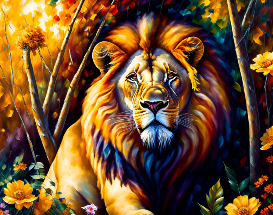 Colorful Lion Head Painting in Vibrant Forest Scene