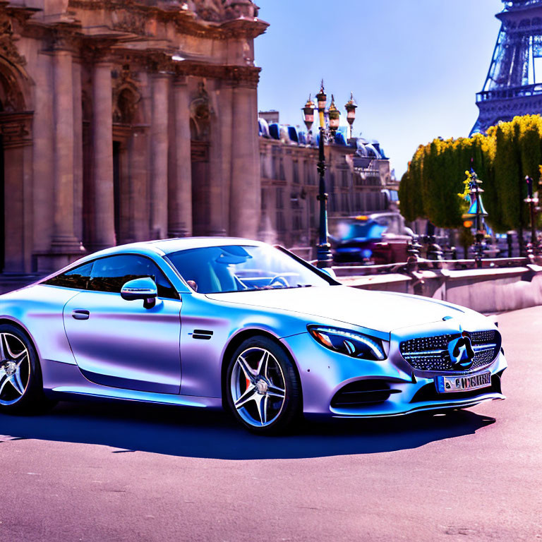 Luxury car parked with Eiffel Tower backdrop on sunny city street