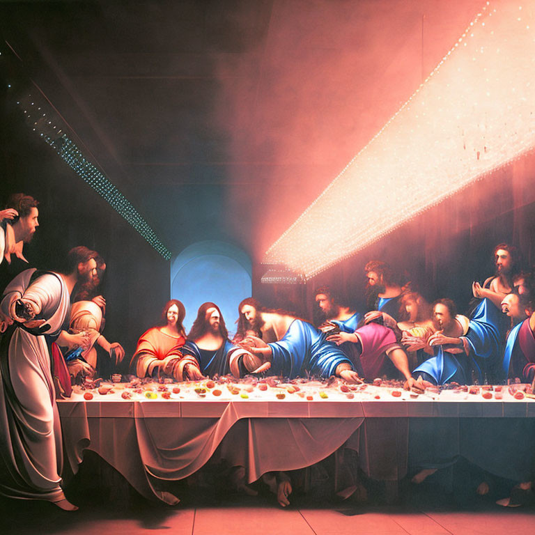 Modern Last Supper with UFO Beam & Classical Figures